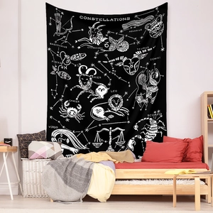 Detail view of Bohemian constellation wall tapestry with white zodiac art on black fabric
