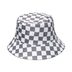 Detail of checkered bucket hat featuring neat stitching and heavy-duty canvas texture