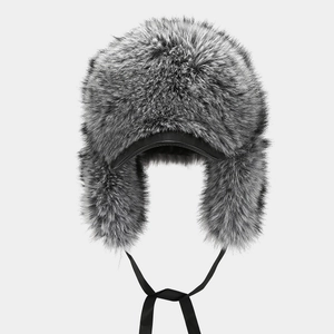Russian style thermal trapper hat with grey faux fur and black leather brim for winter