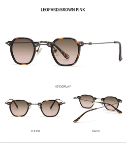Detail view of leopard frame sunglasses with metal temples and brown gradient lenses