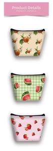 Three fruit pattern makeup bags showing peach, watermelon and strawberry designs