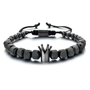 Men's retro black beaded bracelet with crown charm and adjustable woven cord