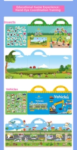 Detail view of foldable insect and vehicle reusable sticker books for toddler education
