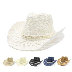 Western Cowboy Straw Hat Women Hollow Crochet Wide Brim Sun Protection Summer Beach Vacation Artificial Pearl Decor