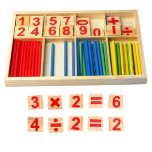 Wooden math learning box with colorful counting sticks and numbered arithmetic blocks