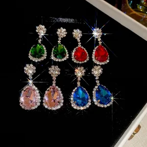 Teardrop Pendant Earrings For Women With Rhinestone Copper Inlay And Silver Earring Post Vintage Court Style Elegant Accessory