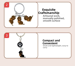 Detailed close-up of brown dachshund keychains and a black dog with bone and paw charms