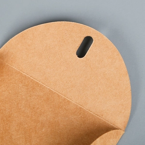 Detail of a brown kraft paper envelope showing the sealing fold and insert slot texture