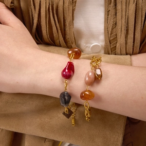 Bohemian colorful resin bead bracelet set with gold chain and T-bar toggle clasp