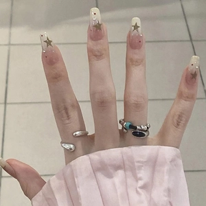 Long Coffin Press On Nails Nude Pink Gradient Design With Golden Stars And Red Dots Elegant Glossy Fashionable