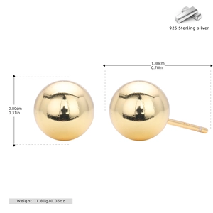 Detailed size chart for S925 sterling silver gold ball earrings with measurements