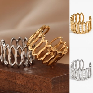 Wavy Hollow Open Ring 316 Stainless Steel PVD Gold Plated Adjustable Geometric Minimalist Waterproof Fashion Jewelry For Women