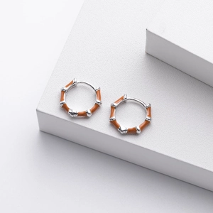 Minimalist S925 sterling silver bamboo hoop earrings with bright orange enamel inlay