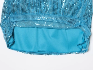 Detailed close-up of sky blue round sequins with matching inner fabric lining for women