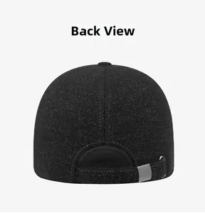Back view detail of men's wool baseball cap showing adjustable silver metal buckle strap
