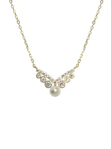 Elegant 14K gold plated S925 silver V-shaped necklace with crystals and pearl pendant