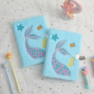 A5 fuzzy notebook with mermaid tail embroidery and a metal lock for kids' diaries