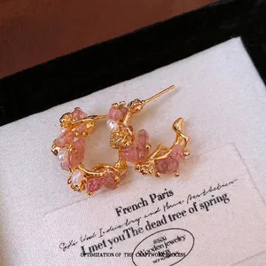 French vintage 18k gold plated hoop earrings with strawberry quartz and pearls