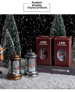 Close-up of vintage bronze and silver Christmas LED lanterns with festive painted patterns