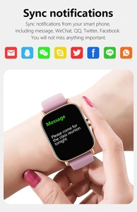 Pink smartwatch showing real-time message notifications for social media apps