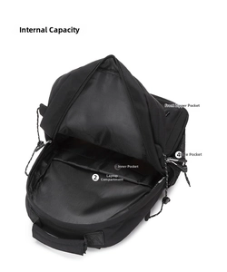 Interior view of black nylon backpack showing laptop compartment and inner pockets
