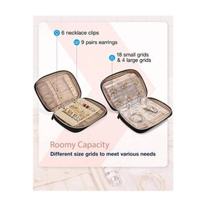 Detail view of black travel jewelry organizer with 6 necklace clips and multi-grid storage