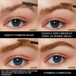 Four-step tutorial showing how to apply brown eyebrow tint cream for defined brow shape