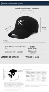 Size chart showing 56-60cm circumference and measurements for the K-embroidered baseball cap
