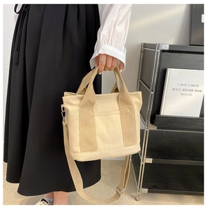 Detail of beige and khaki canvas tote bag showing the adjustable shoulder strap and handle
