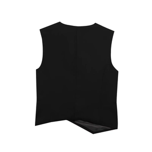 Back view of a black sleeveless vest with an asymmetric hem and premium tailoring