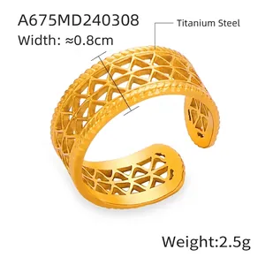 Detailed view of hollow geometric gold titanium steel ring with rope texture and open design
