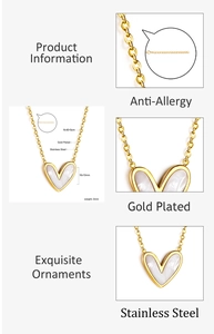 Macro detail of a gold-plated stainless steel heart pendant with white shell inlay