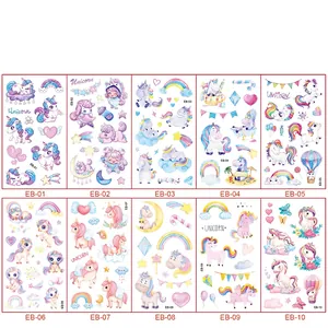 Set of 10 sheets featuring watercolor unicorn temporary tattoos with rainbows and stars