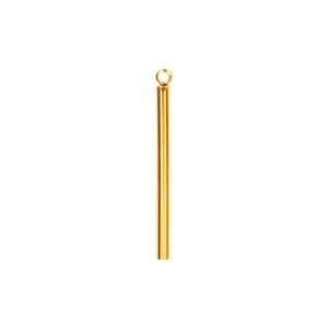 Close-up of a minimalist gold cylindrical bar pendant with round connection ring