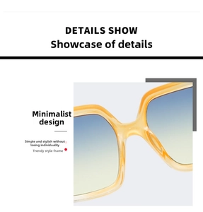 Detail view of large square sunglasses with yellow transparent frame and gradient lenses