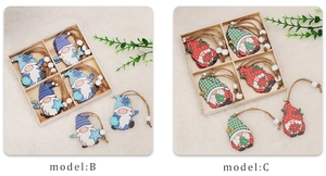 Detailed view of Christmas wooden gnome ornaments Model B and C with beads and twine