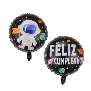 Detail of 18-inch astronaut space theme foil balloon with Feliz Cumpleaños text