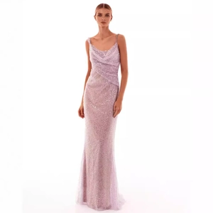 Robe Longue Sexy Pailletée Dos Nu Femmes Col Bénitier Bretelles Chaîne Strass Sans Manches Bodycon Soirée Robe De Bal Lavande