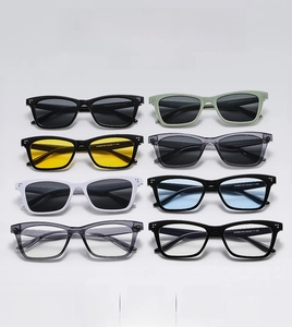 Collage showing eight different colors and lens tints of square retro sunglasses