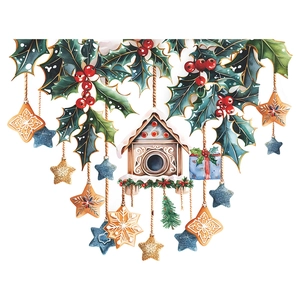 Christmas wall sticker with watercolor snow house, holly berries and gingerbread ornaments
