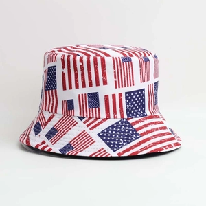 Macro detail of high-quality cotton fabric with vintage American flag print on bucket hat