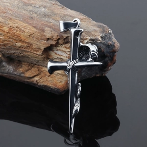 Vintage stainless steel cross pendant with rose and snake detail on black reflective base