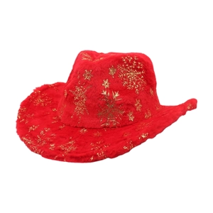Close-up of red plush cowboy hat with gold snowflake patterns for Christmas
