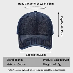 Deep blue washed denim baseball cap with 3D embroidery and dimensions display