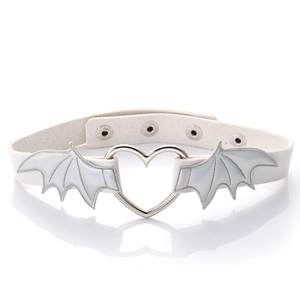 White PU leather choker with heart metal ring and bat wings for Halloween cosplay