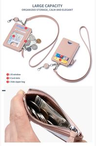 Detailed layout of leather lanyard card holder with zipper pocket and retractable strap