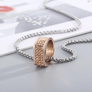 Hip-hop style rose gold rectangular pendant necklace with crystals on silver braided chain