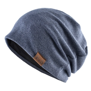 Knit beanie hat in dark blue with F&S leather label and warm black lining for winter