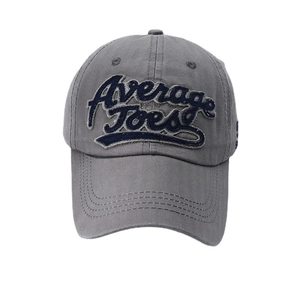 Gray baseball cap featuring blue Average Joe's 3D embroidery and a curved brim