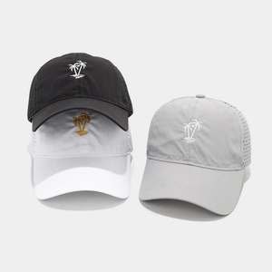 Breathable outdoor mesh baseball caps in black white and grey with palm tree embroidery